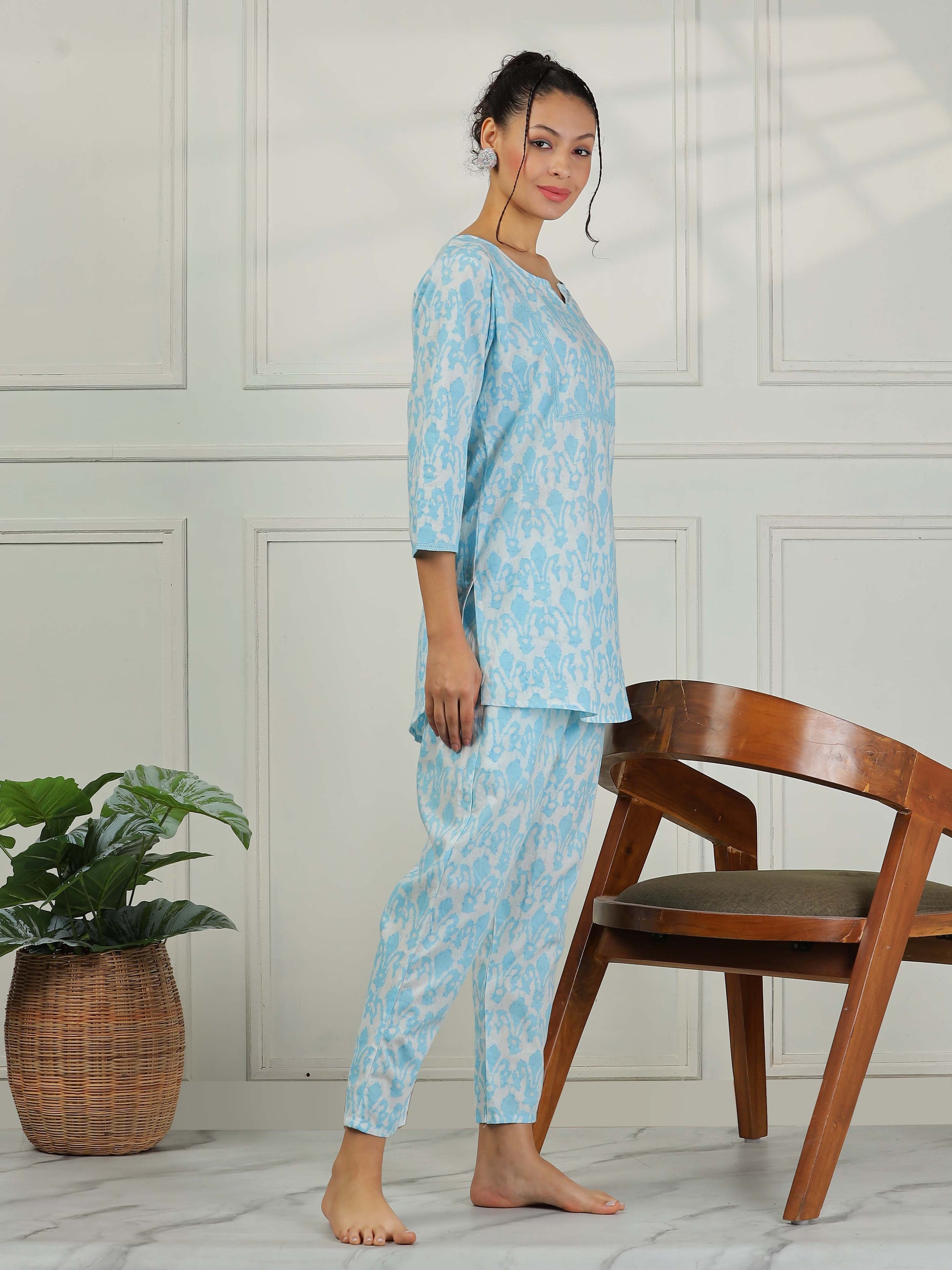 Ice Blue Cotton Pajama Set For Women
