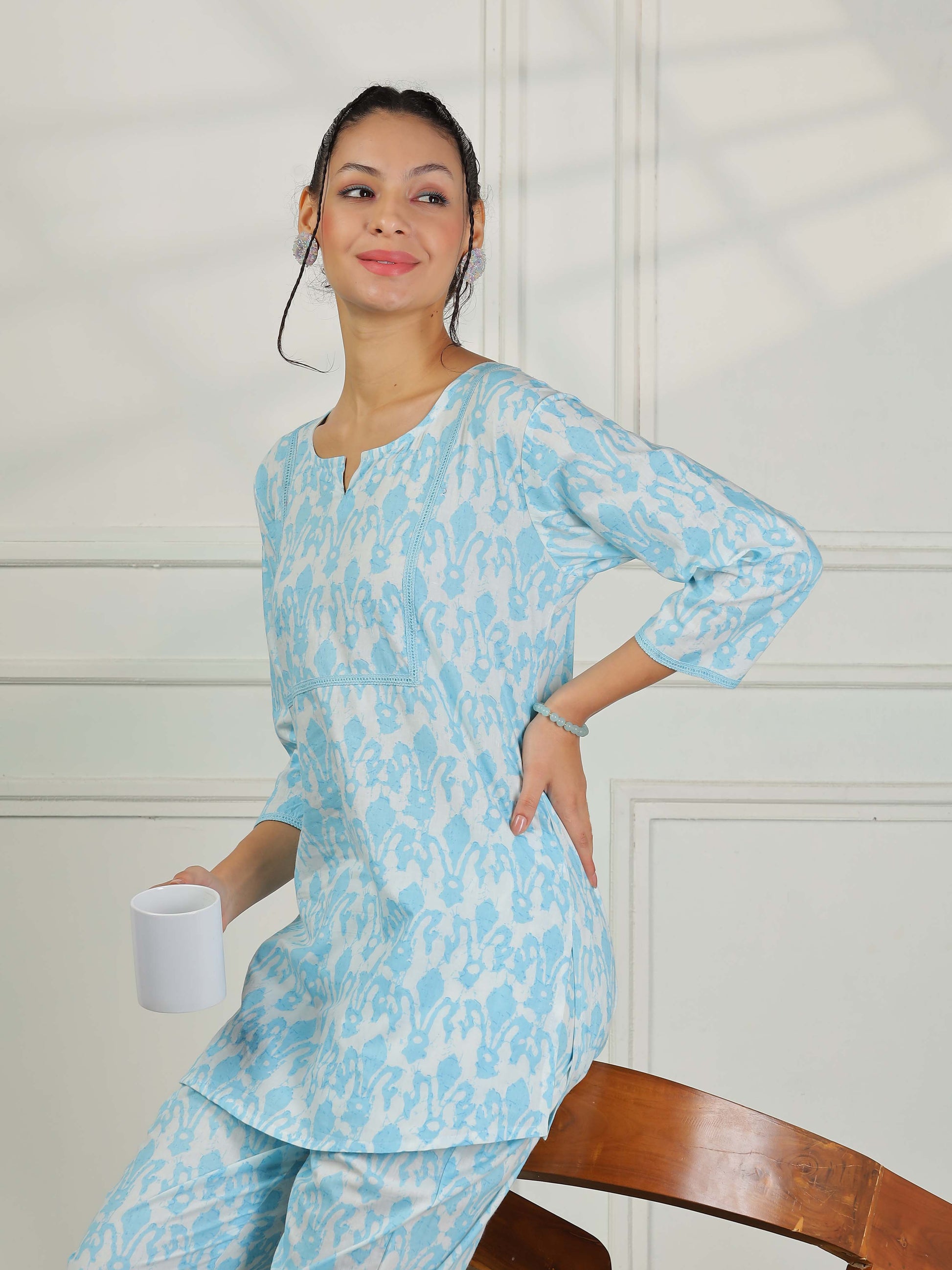 Ice Blue Cotton Pajama Set For Women