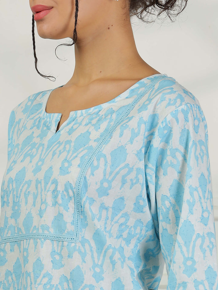 Ice Blue Cotton Pajama Set – Matching Top & Pants for Women