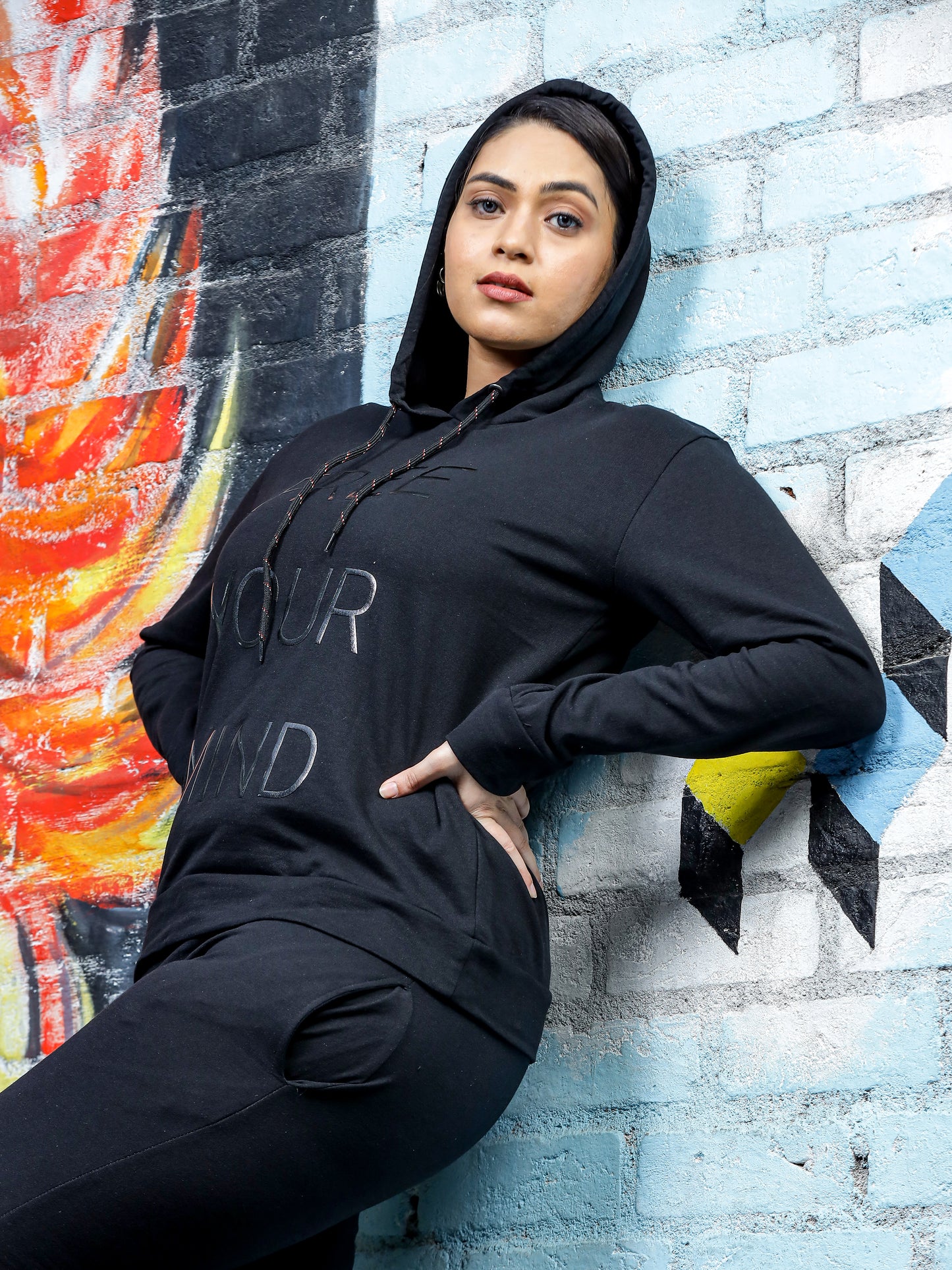 Jet Black Hosiery Cotton Winter Track Suit for Women with Hoodie and Tapered Pan