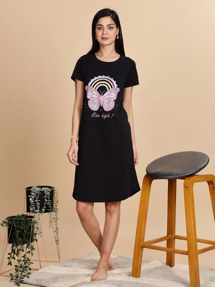 Jet black cotton printed short nighty for summer