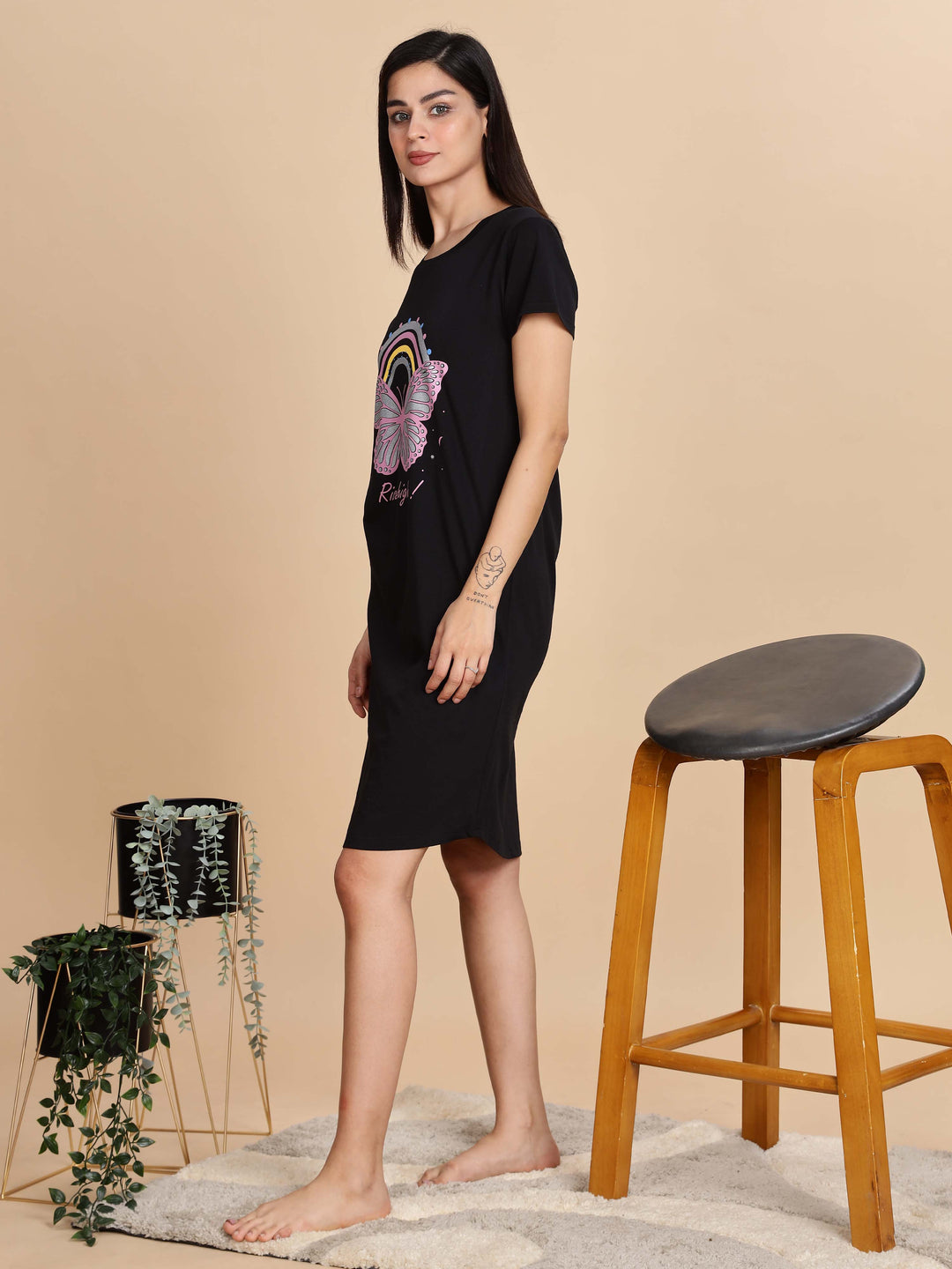 Jet black cotton printed short nighty for summer