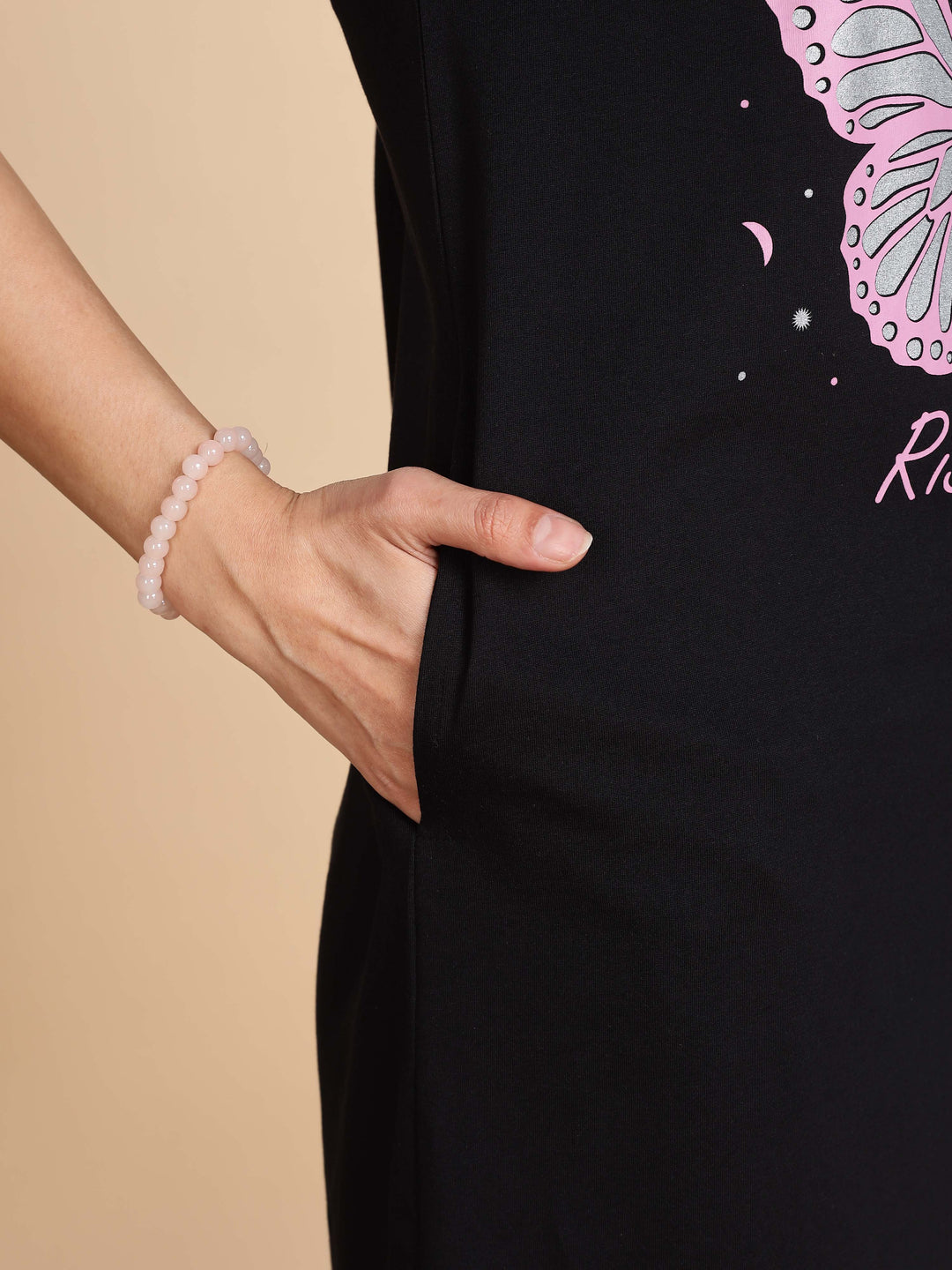 Jet black cotton printed short nighty for summer