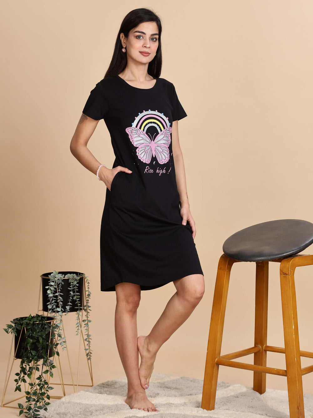 Jet black cotton printed short nighty for summer
