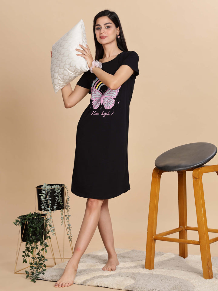 Jet black cotton printed short nighty for summer
