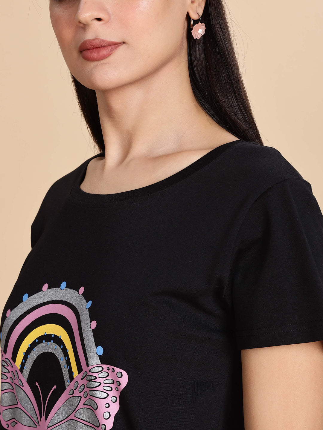 Jet black cotton printed short nighty for summer