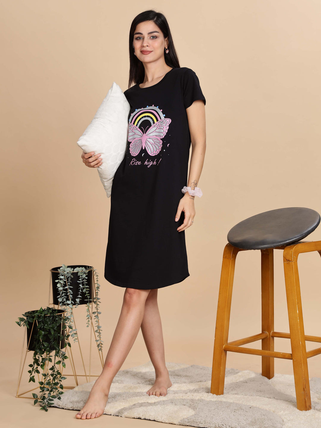 Jet black cotton printed short nighty for summer