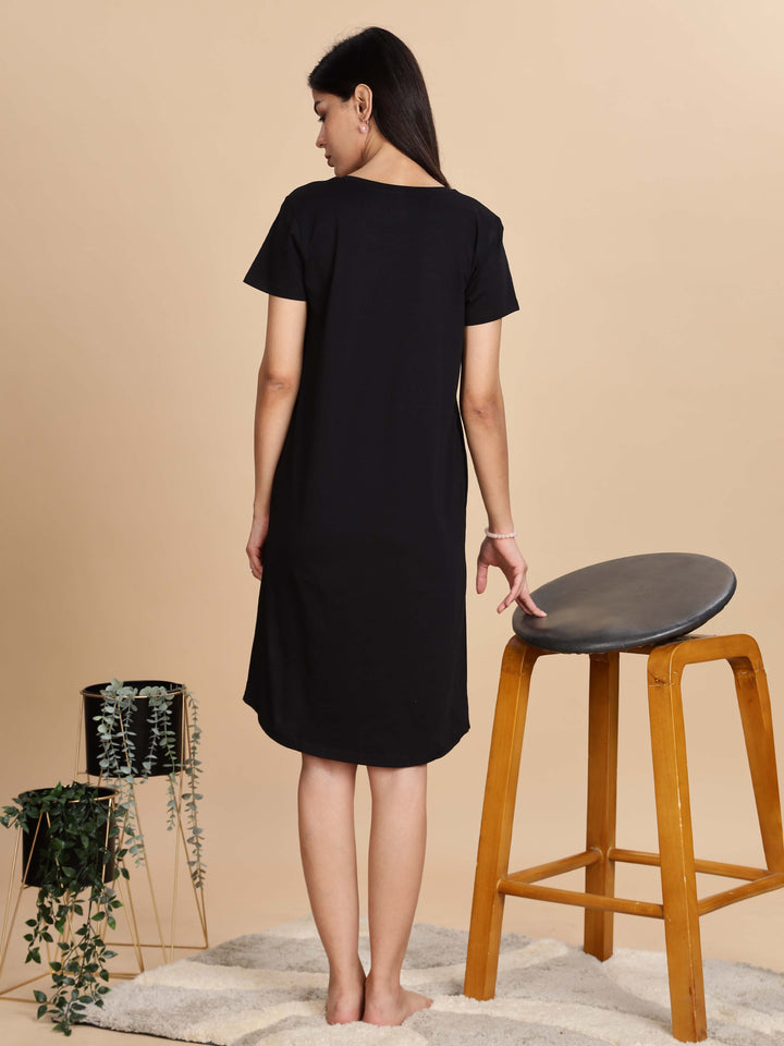Jet black cotton printed short nighty for summer