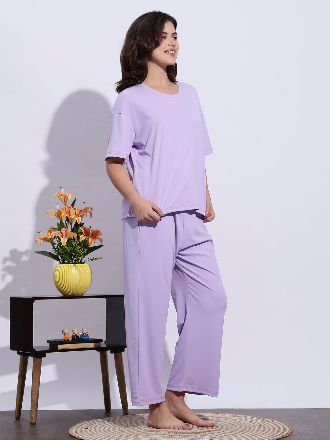Trendy Lavender Mist Soft-Rib Solid Pajama Set For Women
