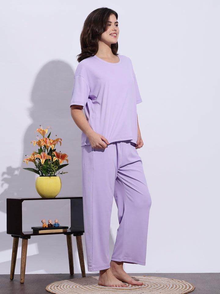 Trendy Lavender Mist Soft-Rib Solid Pajama Set For Women