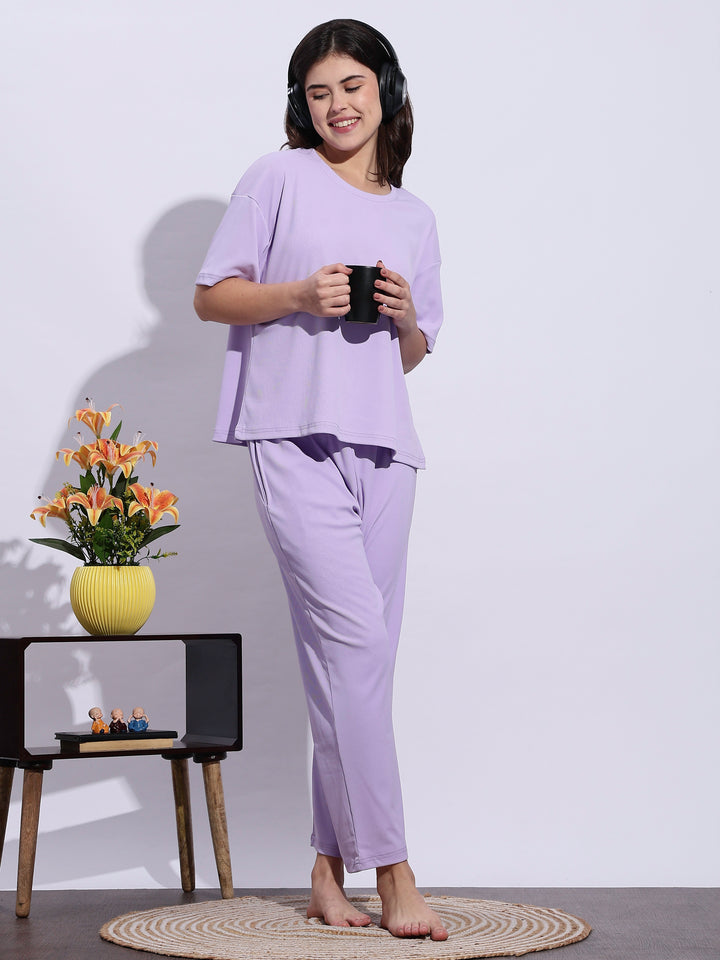 Trendy Lavender Mist Soft-Rib Solid Pajama Set For Women