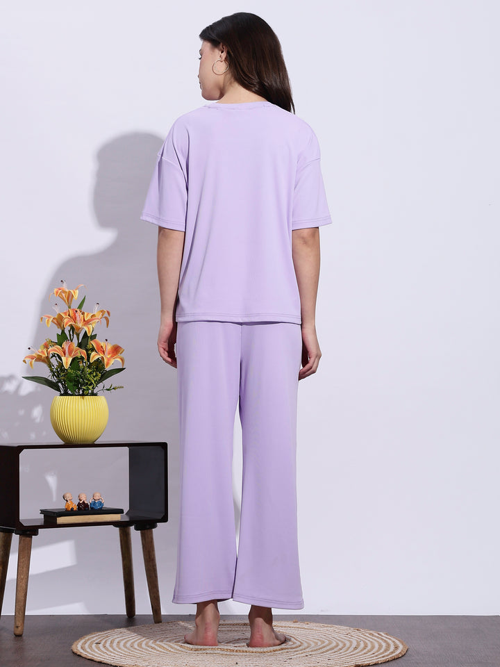 Trendy Lavender Mist Soft-Rib Solid Pajama Set For Women