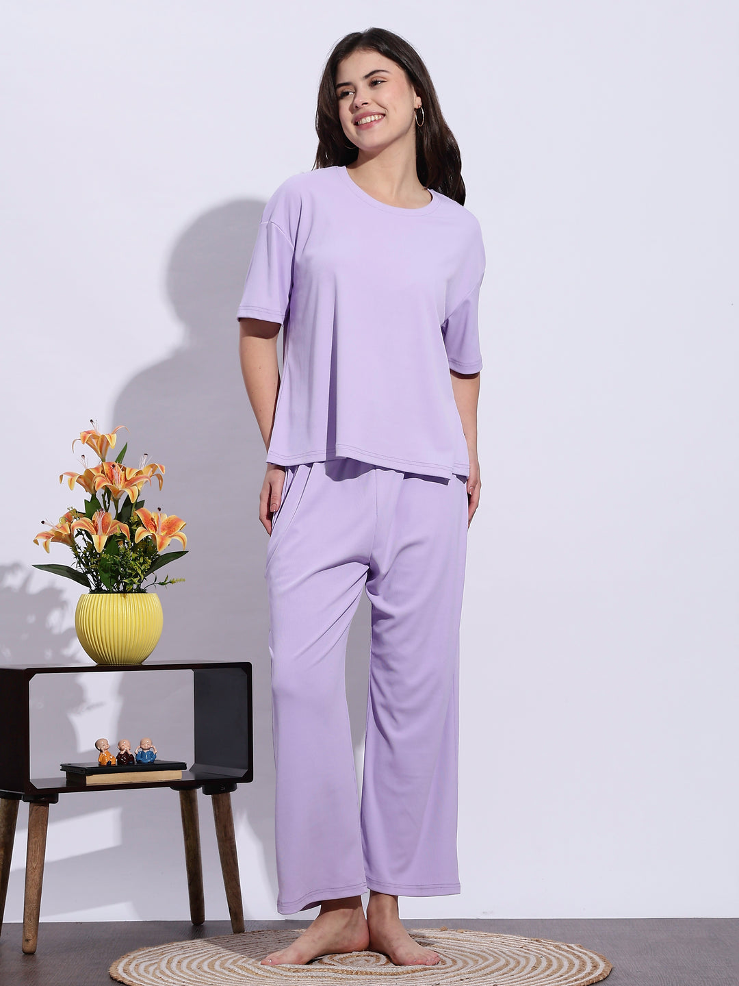 Trendy Lavender Mist Soft-Rib Solid Pajama Set For Women