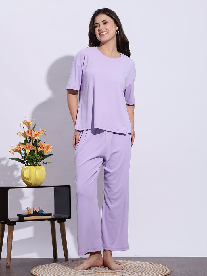 Trendy Lavender Mist Soft-Rib Solid Pajama Set For Women