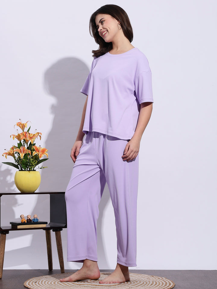 Trendy Lavender Mist Soft-Rib Solid Pajama Set For Women