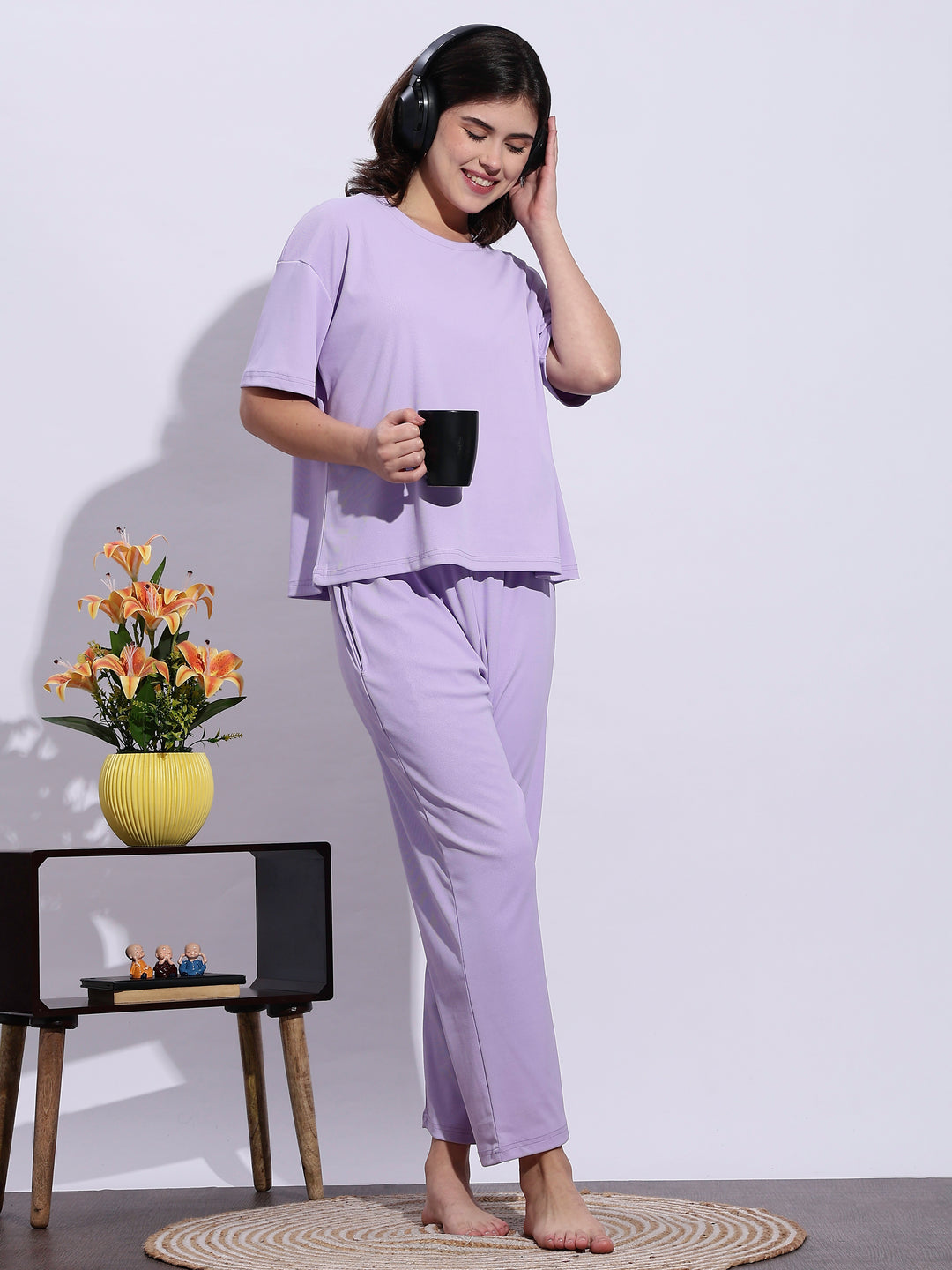 Trendy Lavender Mist Soft-Rib Solid Pajama Set For Women