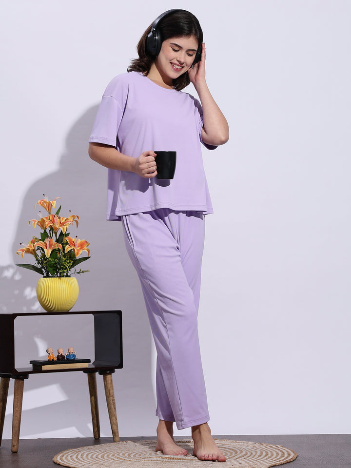 Trendy Lavender Mist Soft-Rib Solid Pajama Set For Women