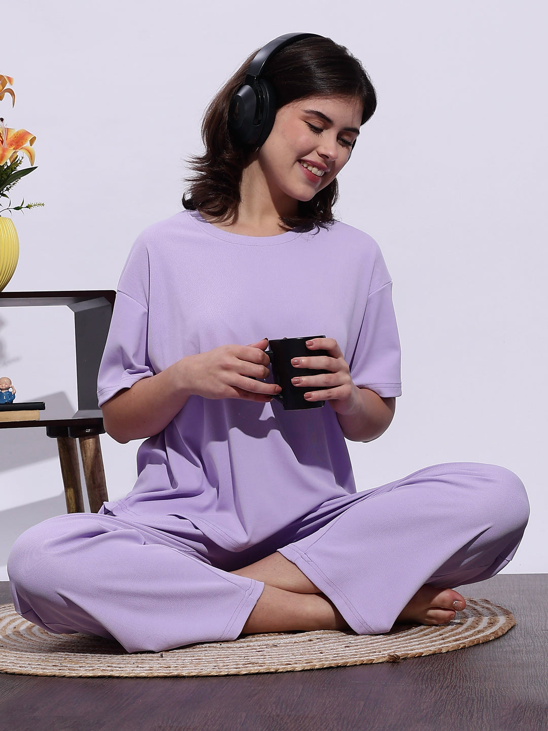 Trendy Lavender Mist Soft-Rib Solid Pajama Set For Women