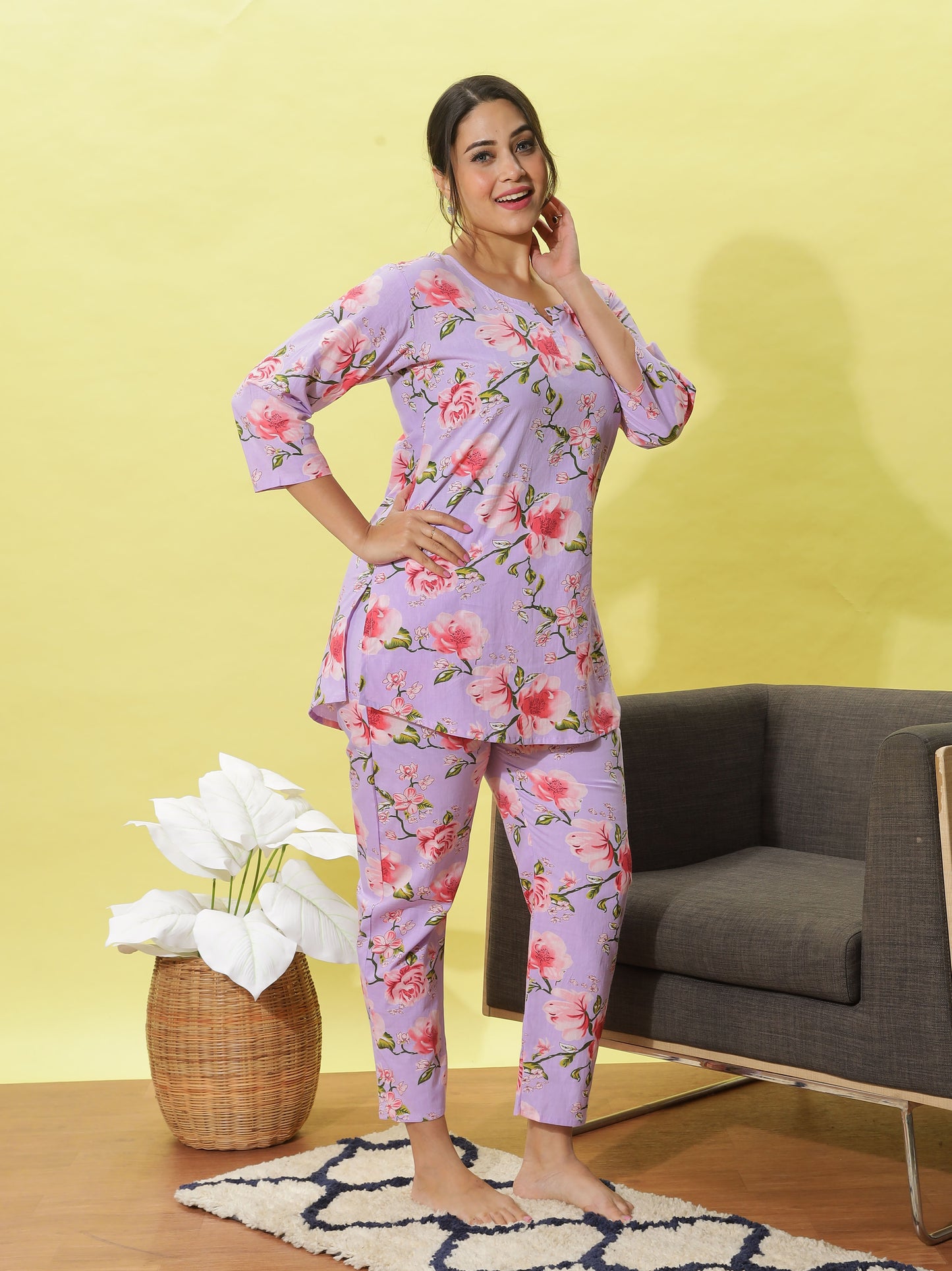 Lavender Rose Bloom Cotton Coord Set for Ladies