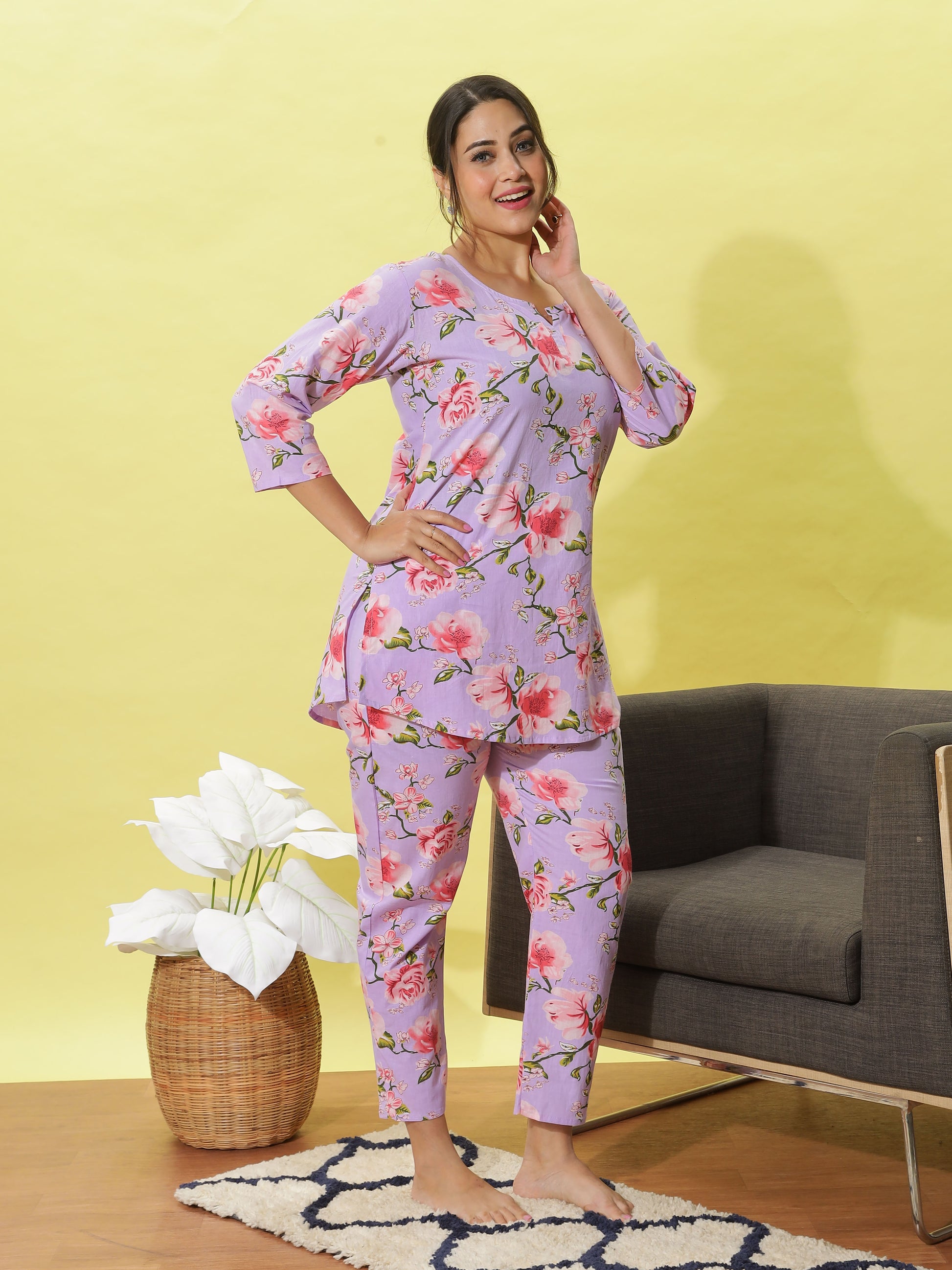 Lavender Rose Bloom Cotton Coord Set for Ladies