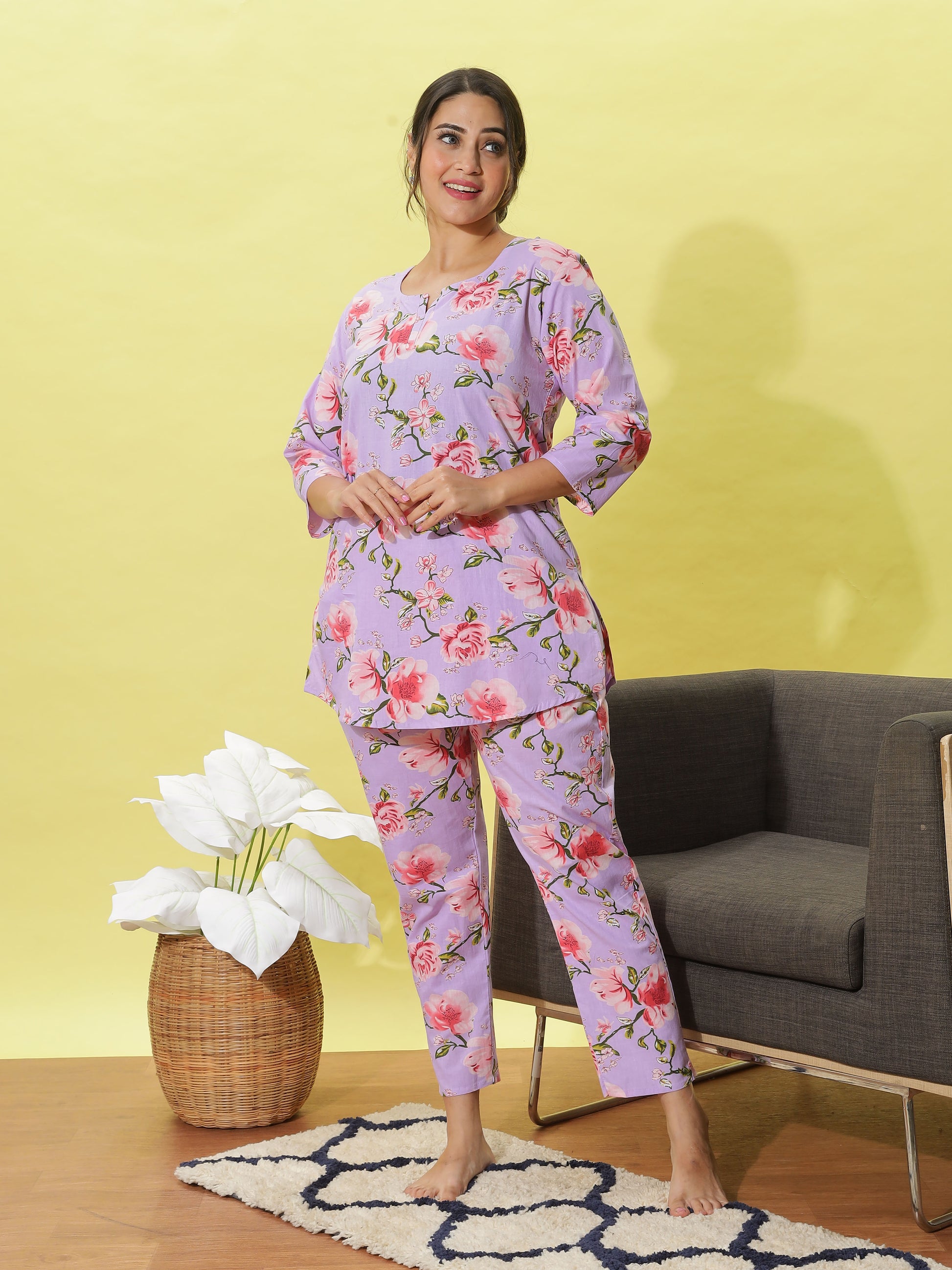 Lavender Rose Bloom Cotton Coord Set for Ladies