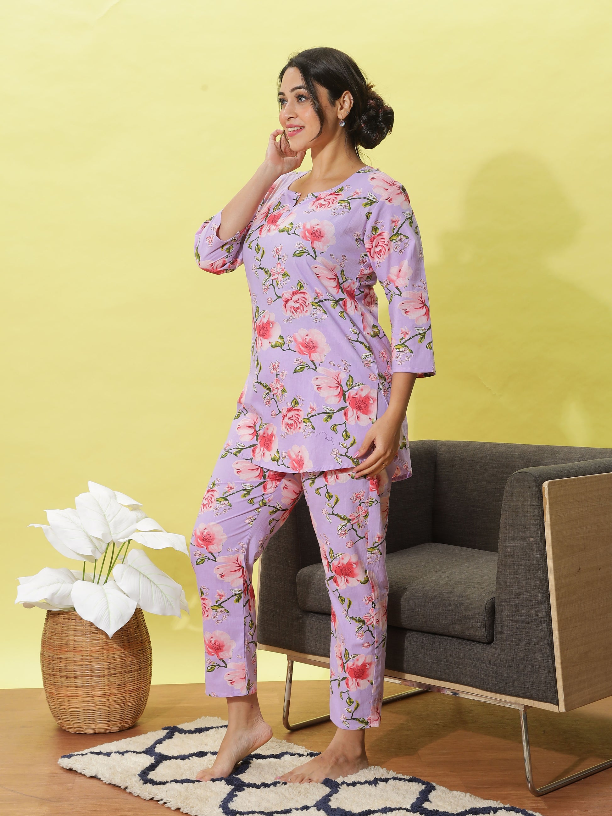 Lavender Rose Bloom Cotton Coord Set for Ladies
