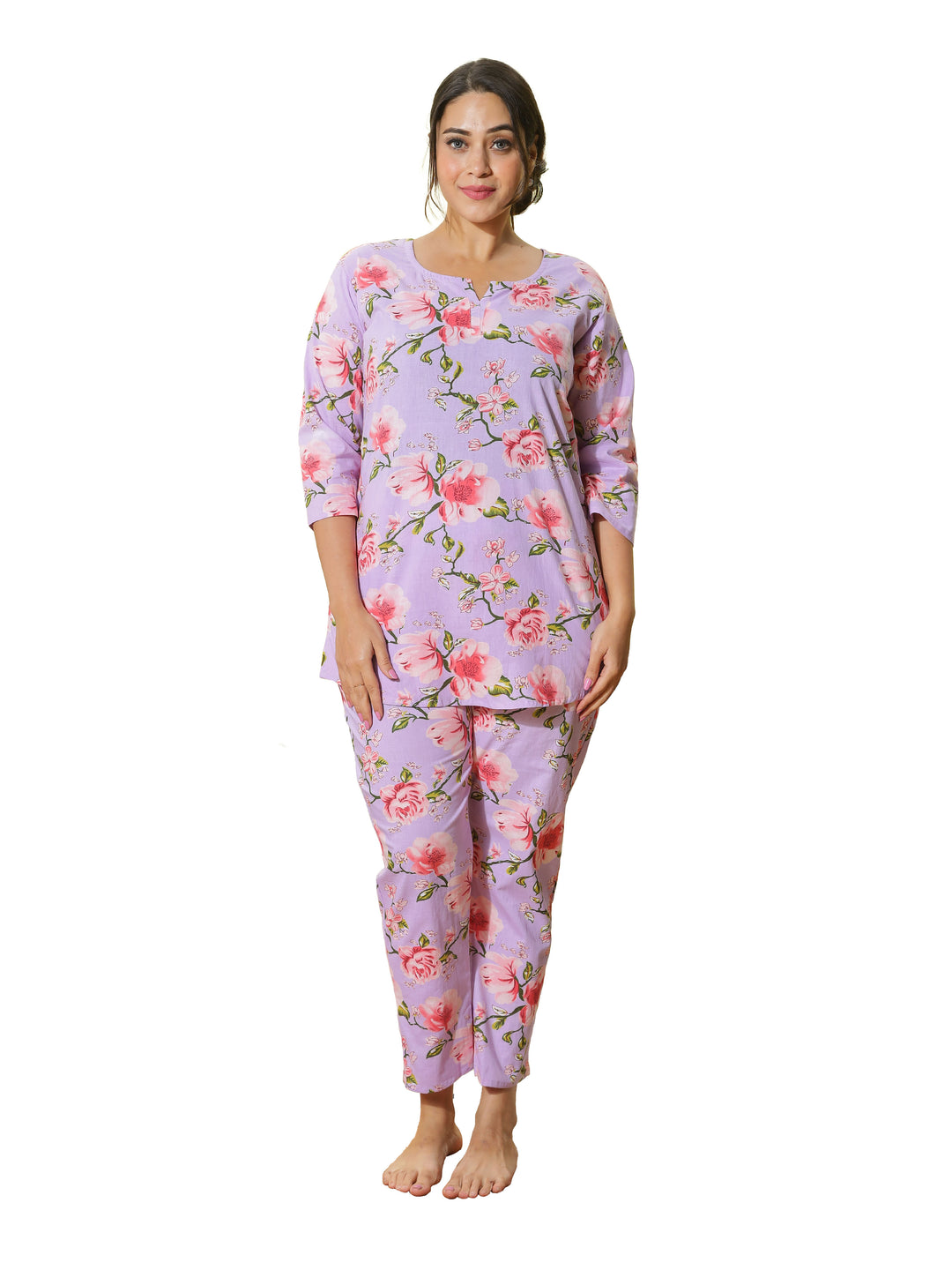 Lavender Rose Bloom Cotton Coord Set for Ladies