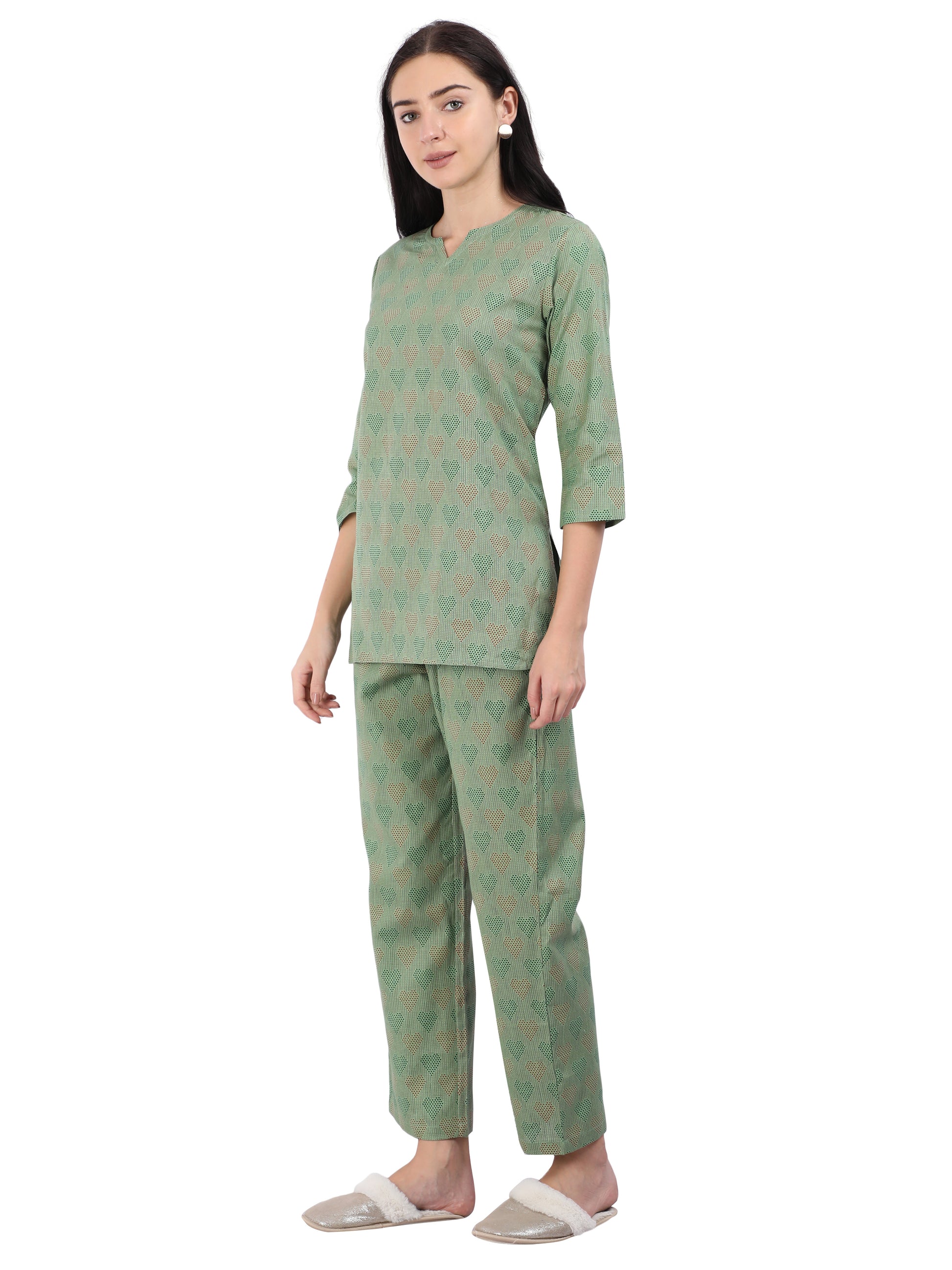 Classy Leaf Green Pure Cotton Pajama Set for Women