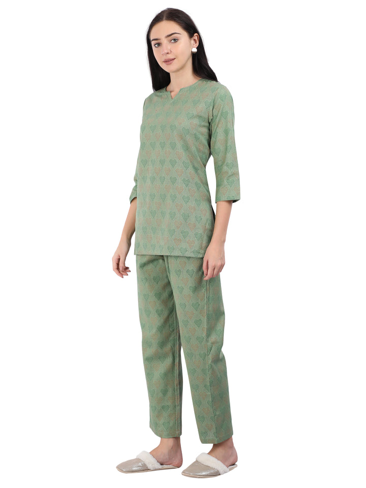 Classy Leaf Green Pure Cotton Pajama Set for Women