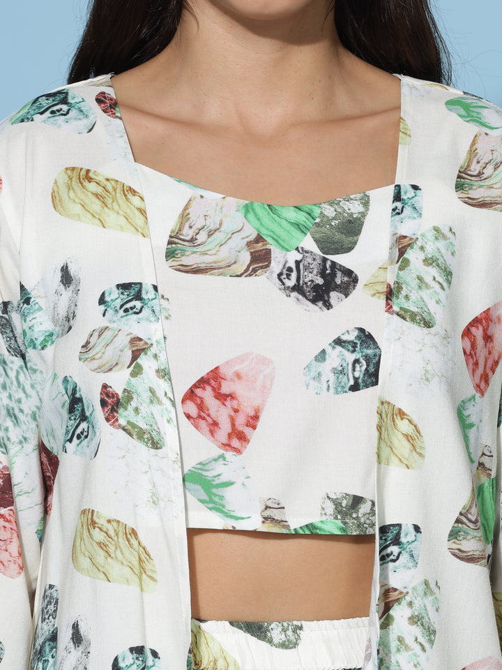 Ivory Multi Leaf Print 3 Piece Coord Set for Women