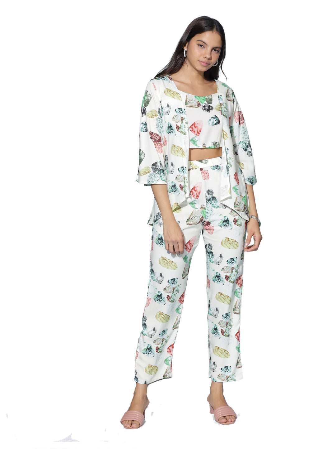 Ivory Multi Leaf Print 3 Piece Coord Set for Women