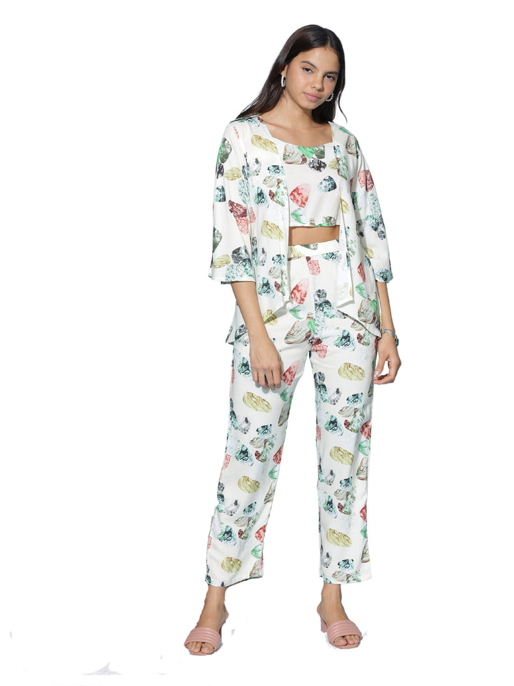 Ivory Multi Leaf Print 3 Piece Coord Set for Women