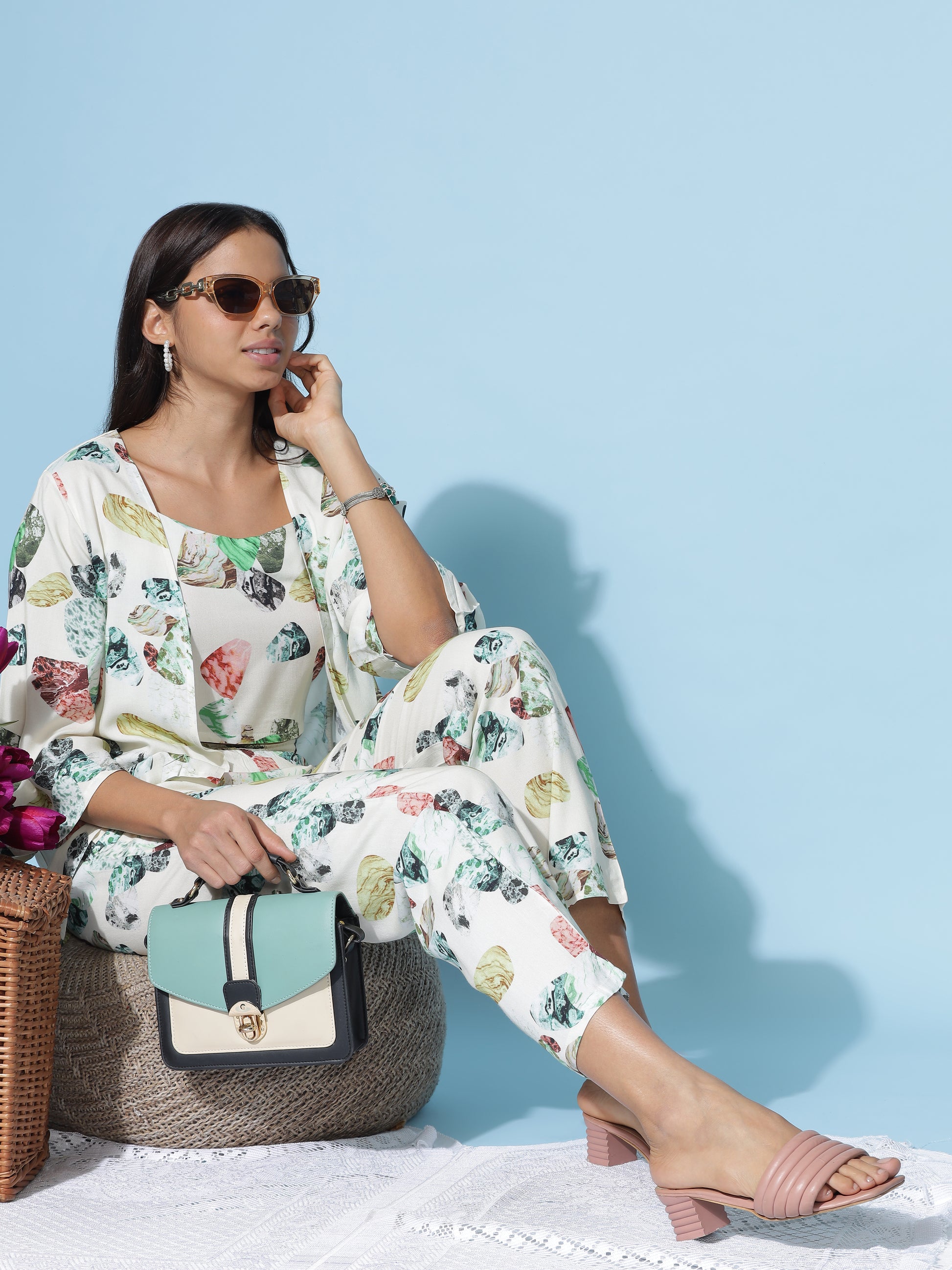 Ivory Multi Leaf Print 3 Piece Coord Set for Women