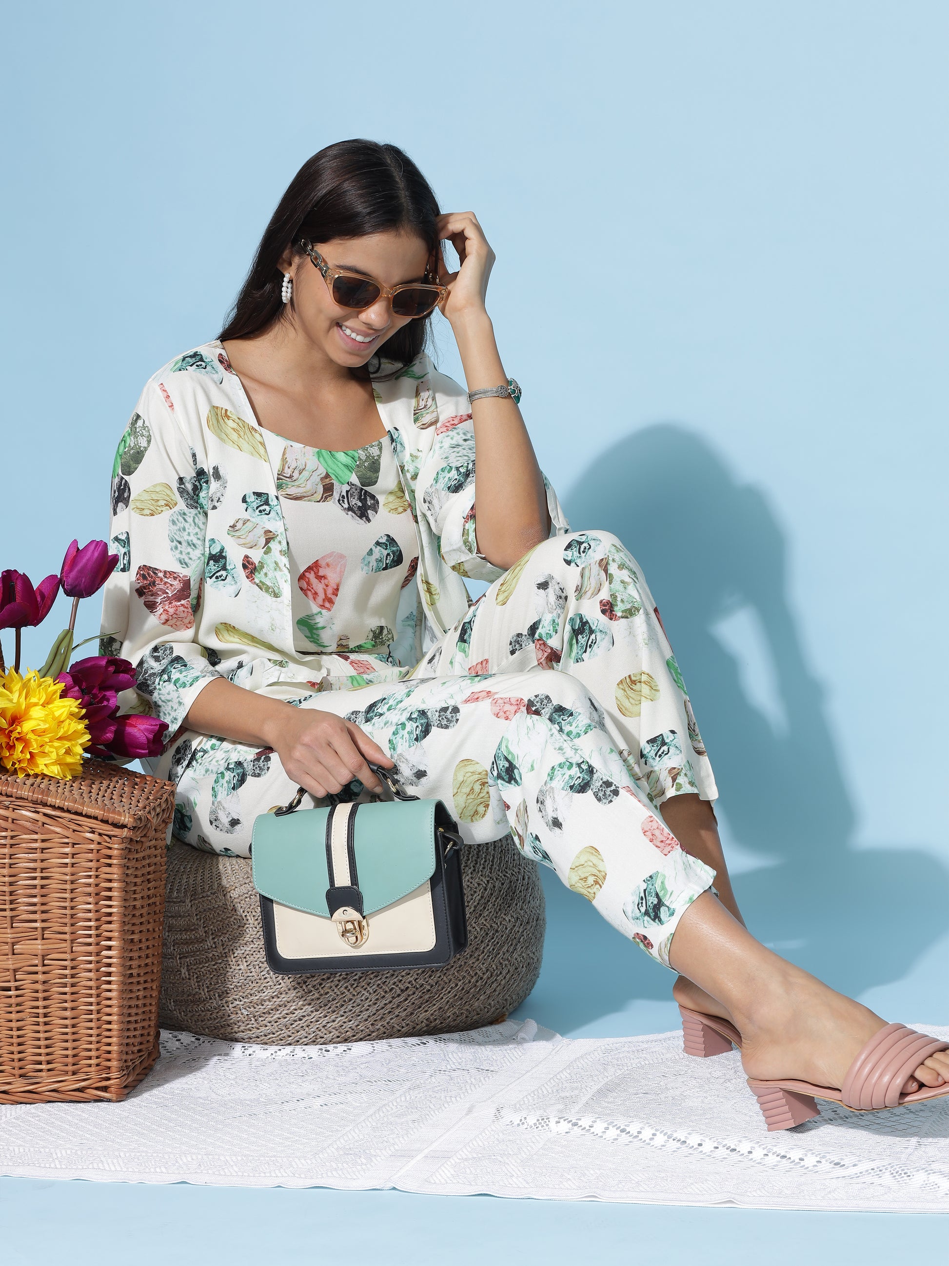 Ivory Multi Leaf Print 3 Piece Coord Set for Women