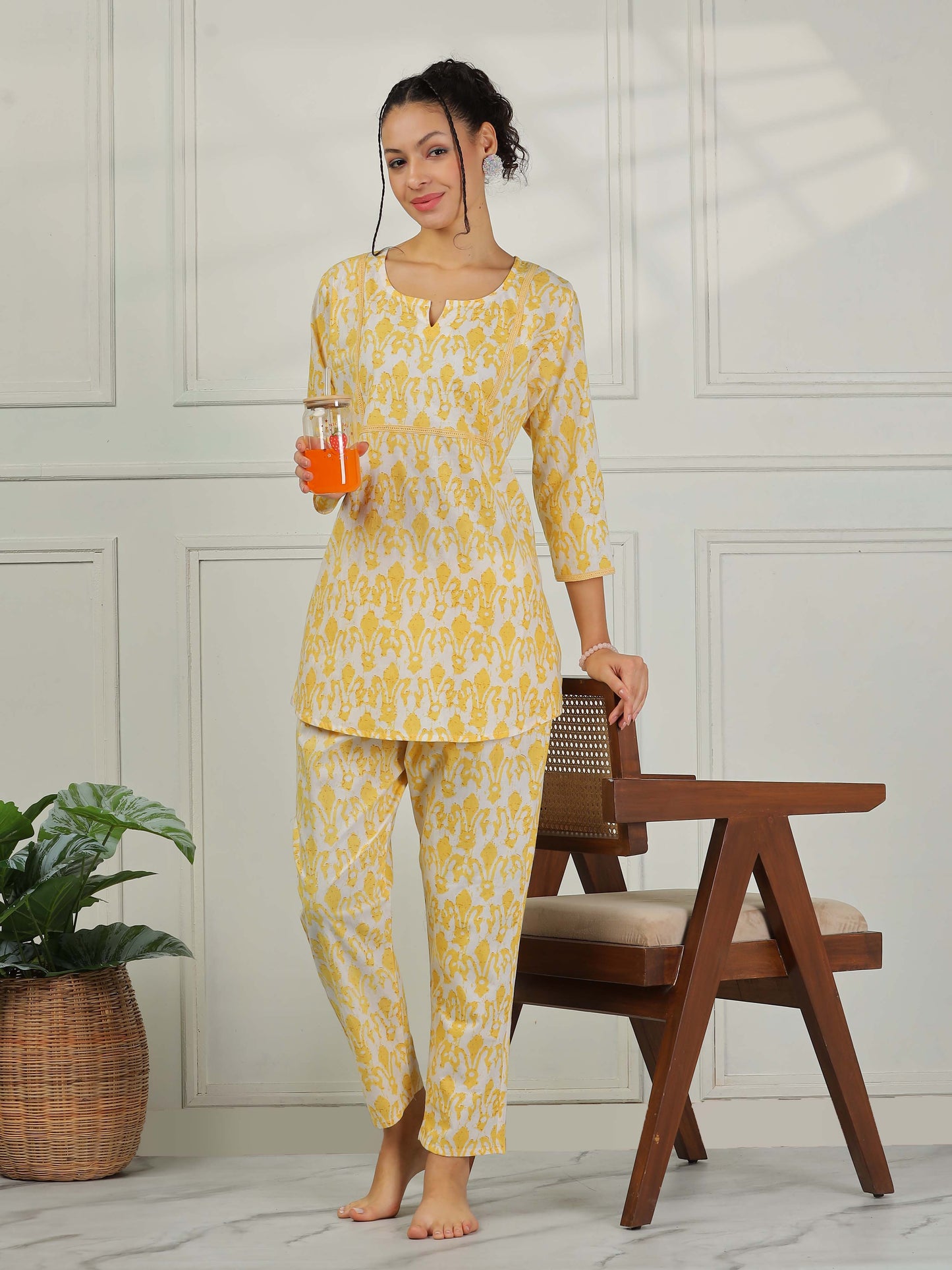 Lemon Yellow Cotton Coord Set for Women