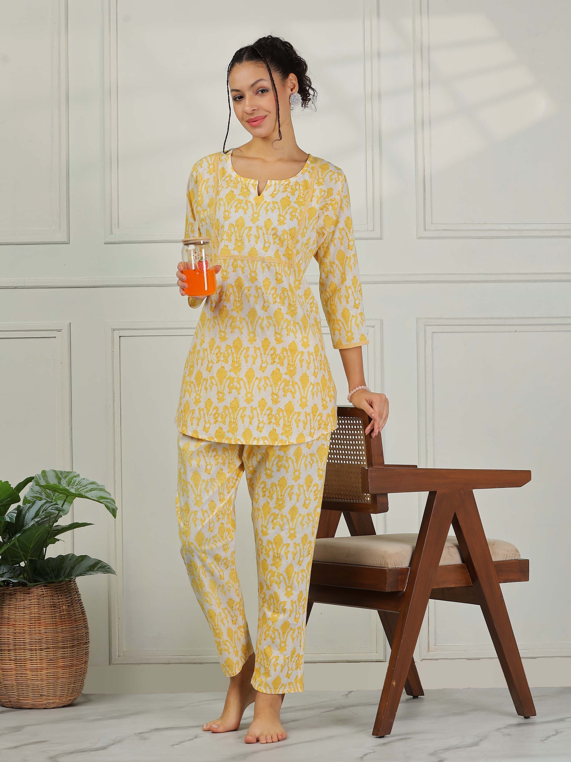 Lemon Yellow Cotton Coord Set for Women