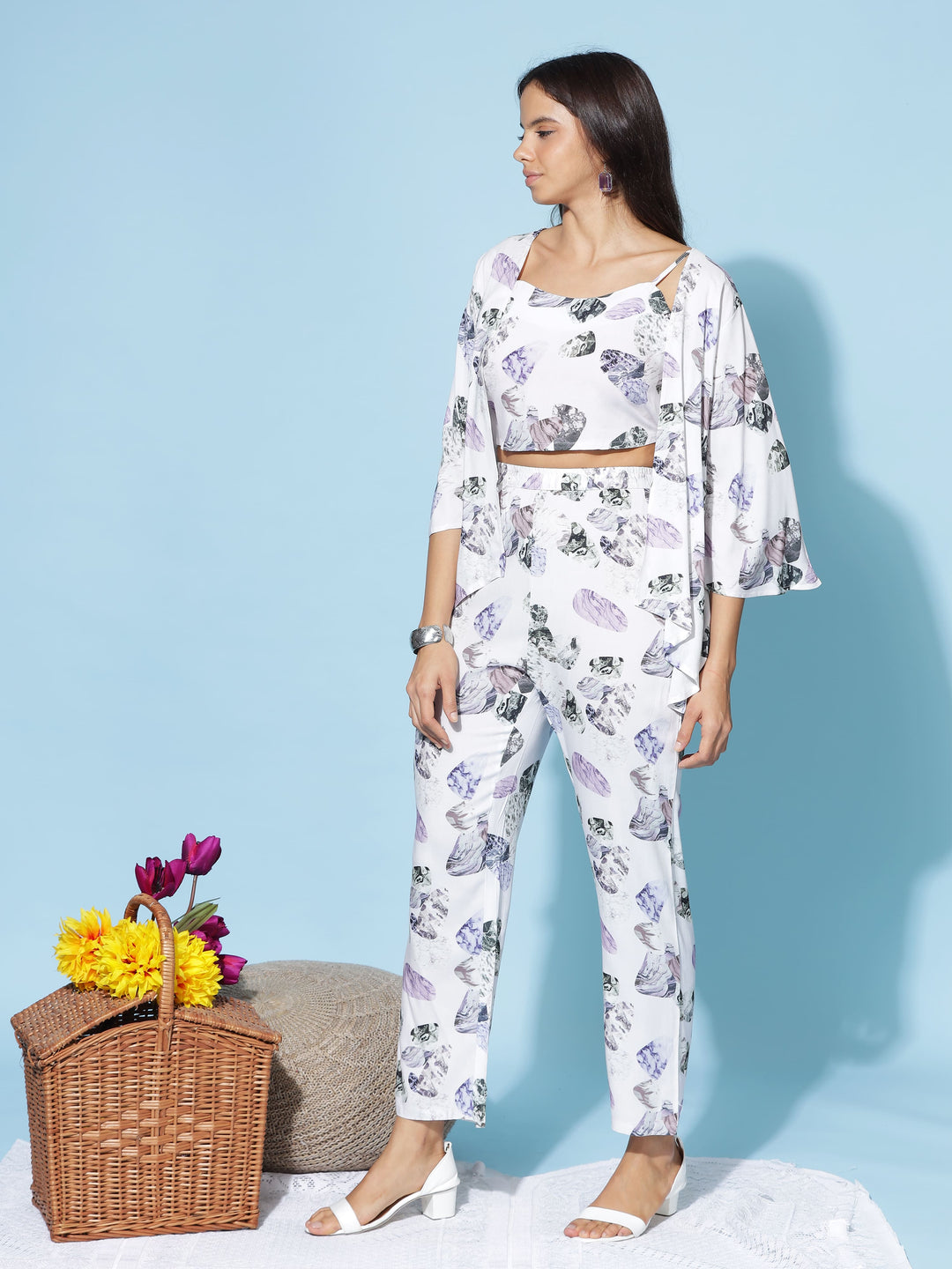 Lilac Grey Print 3 Piece Coord Set for Women with Shrug and Crop Top