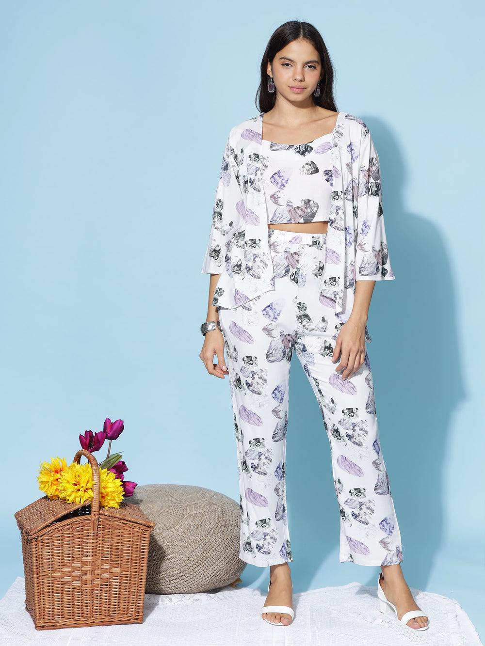 Lilac Grey Print 3 Piece Coord Set for Women with Shrug and Crop Top