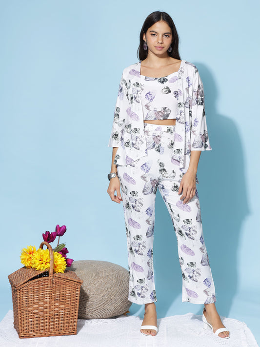 Lilac Grey Print 3 Piece Coord Set for Women with Shrug and Crop Top