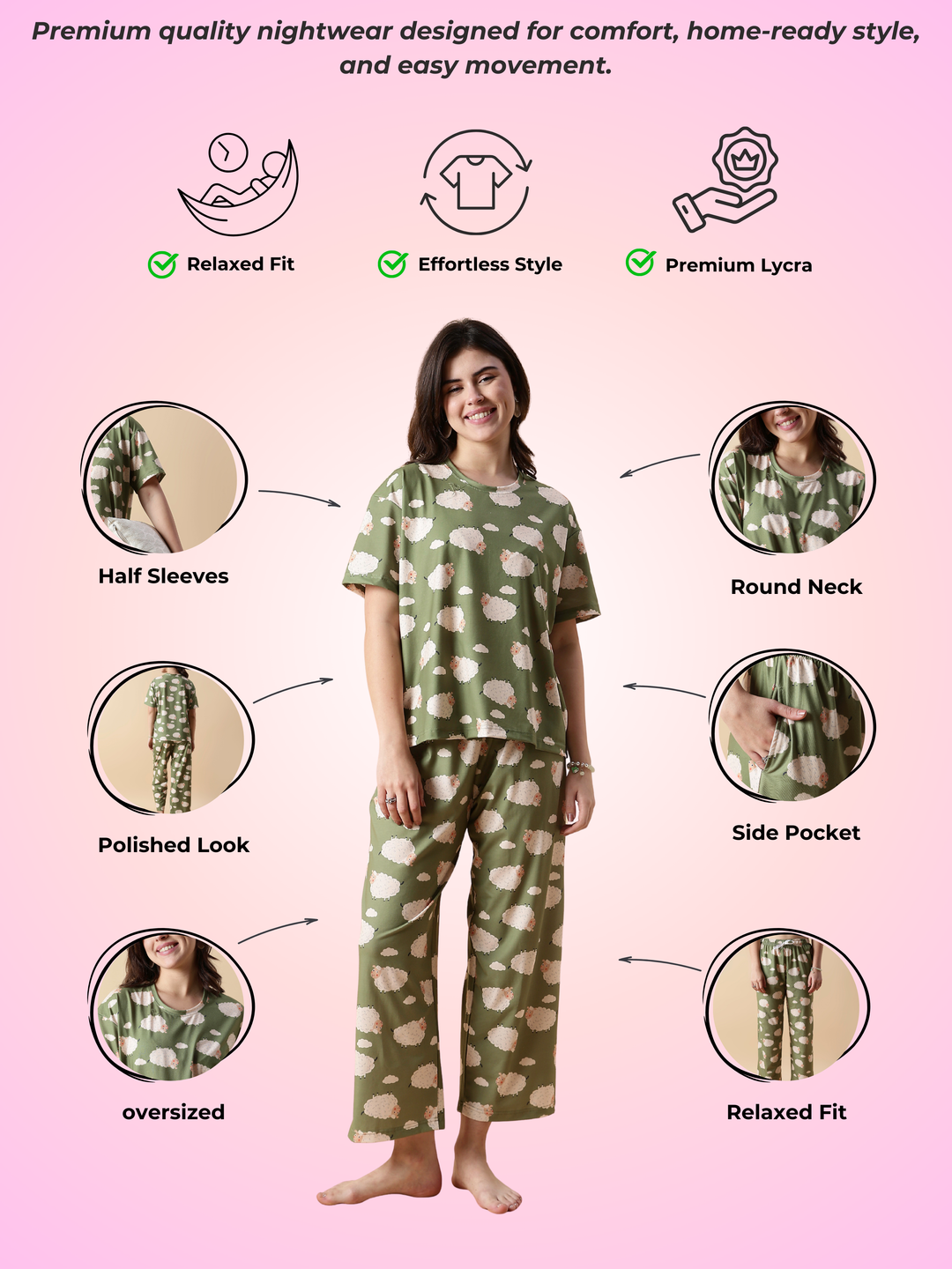Premium olive night suit and loungewear set for women