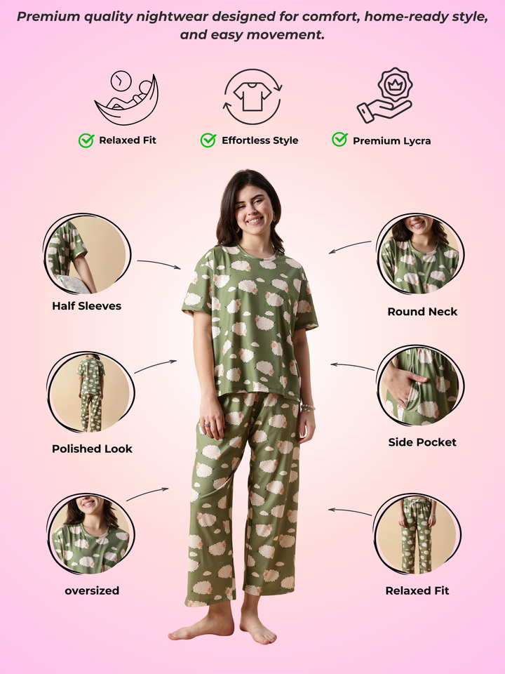 Premium olive night suit and loungewear set for women