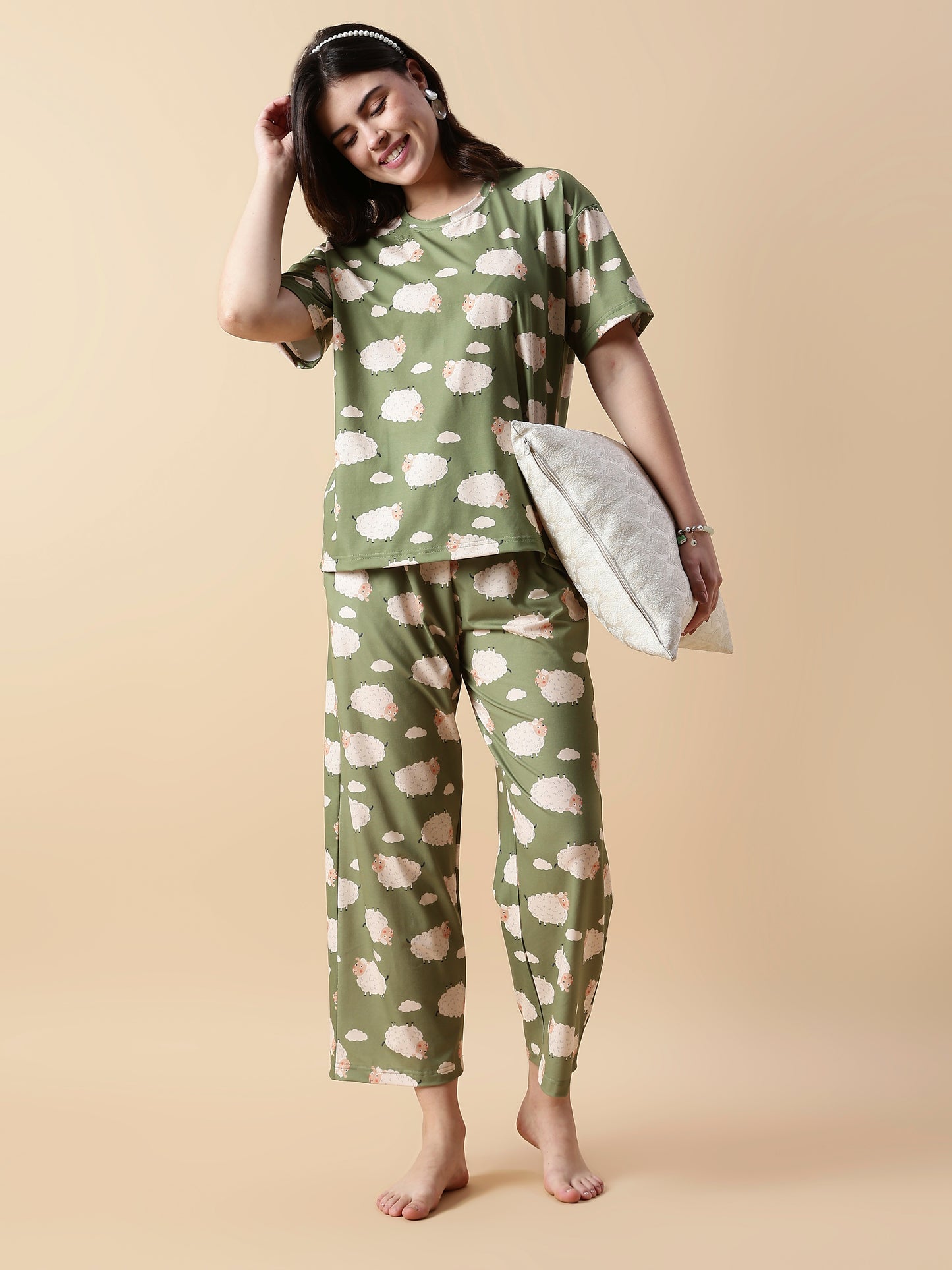 Premium Lycra Olive Night Suit For Girls