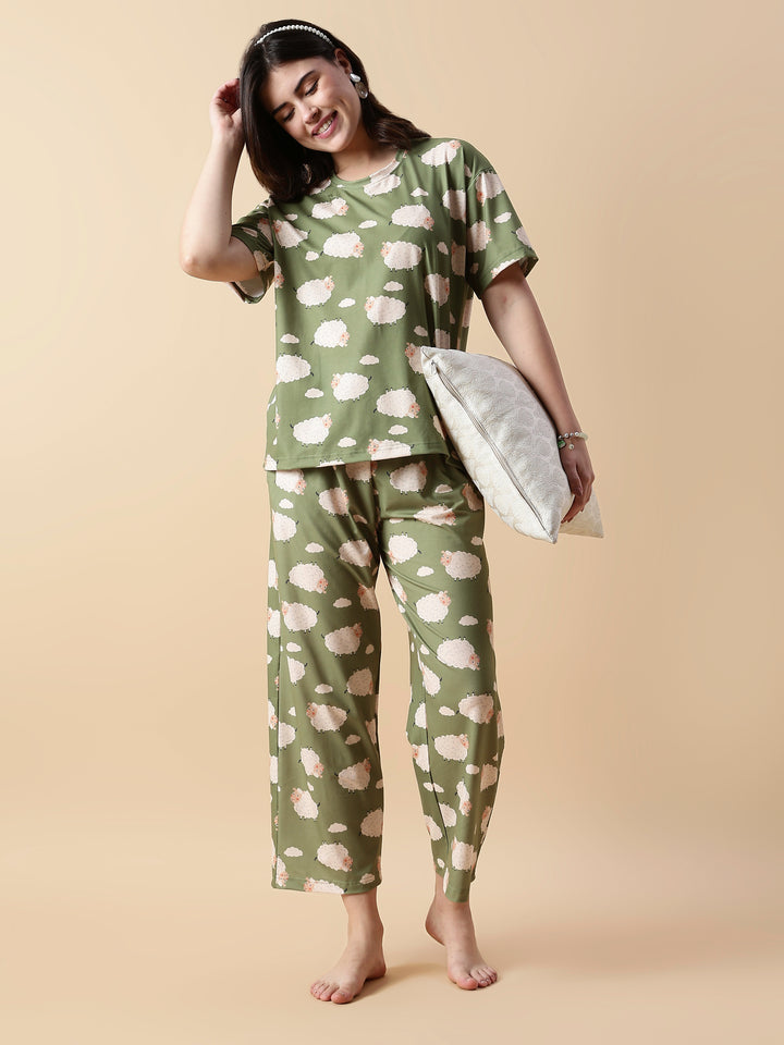 Premium Lycra Olive Night Suit For Girls