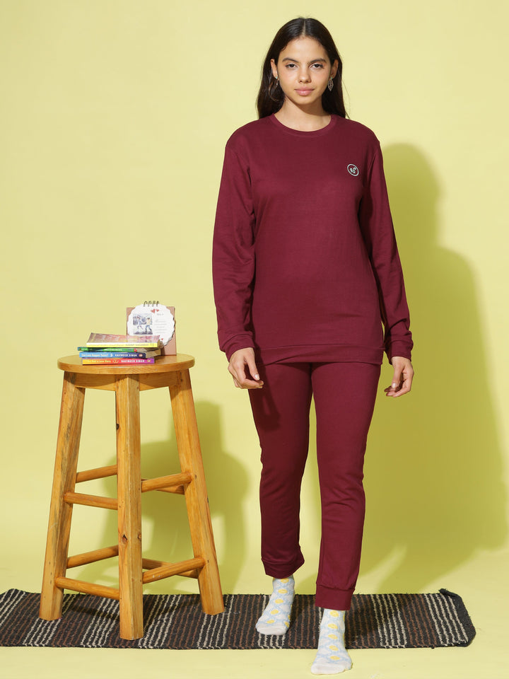 Comfy Maroon Hosiery Cotton Winter Track Suit for Women 