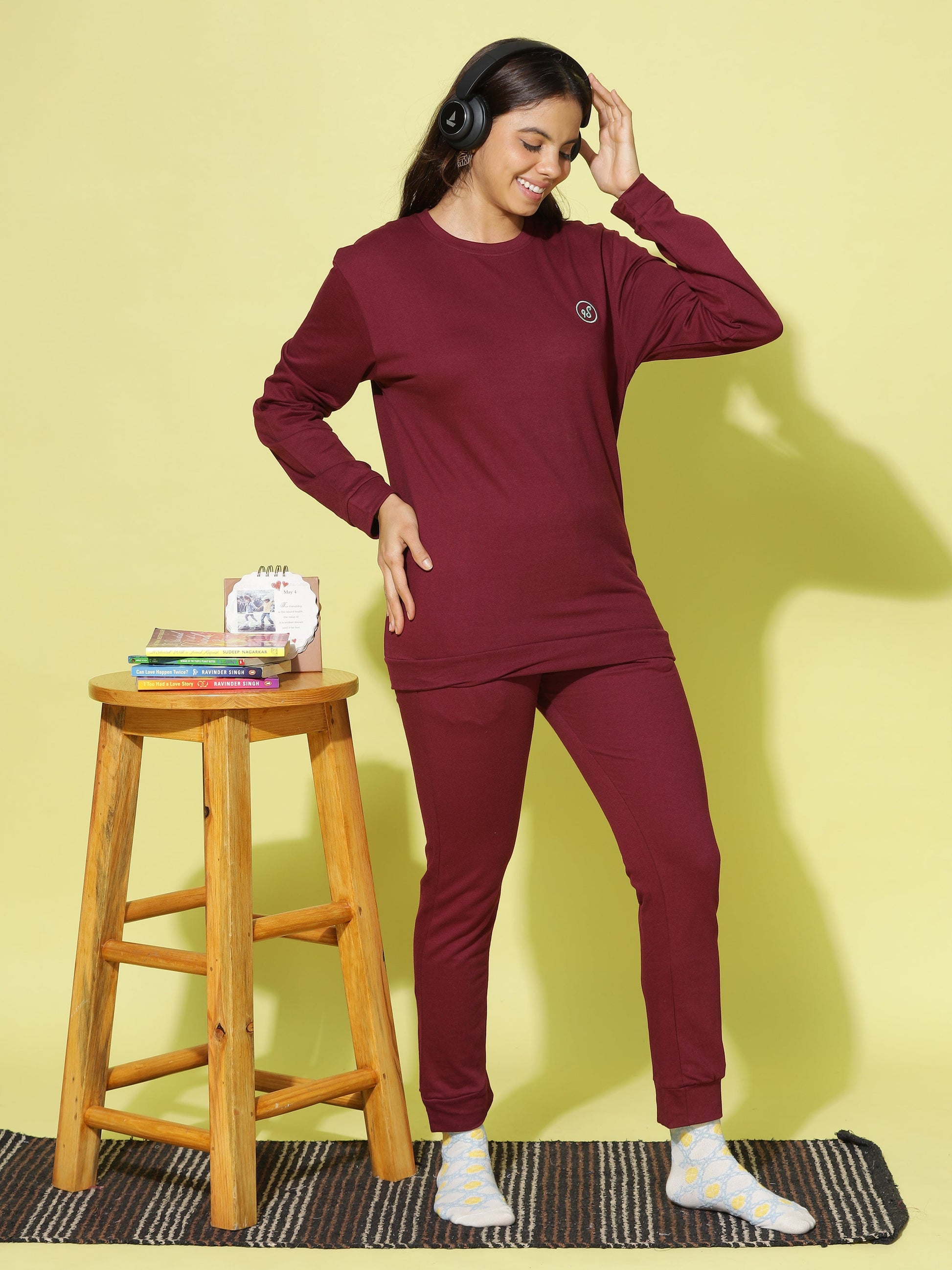 Comfy Maroon Hosiery Cotton Winter Track Suit for Women 