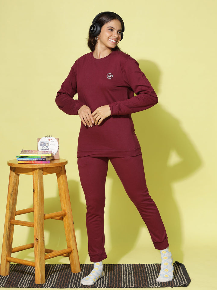 Comfy Maroon Hosiery Cotton Winter Track Suit for Women 
