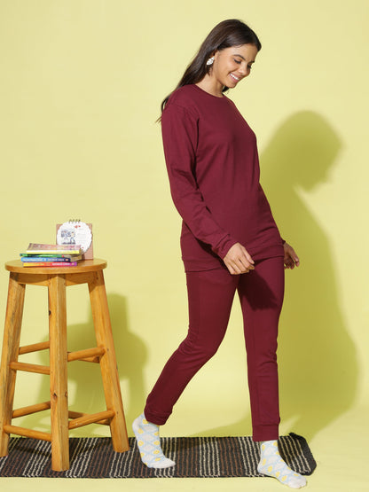 Comfy Maroon Hosiery Cotton Winter Track Suit for Women 