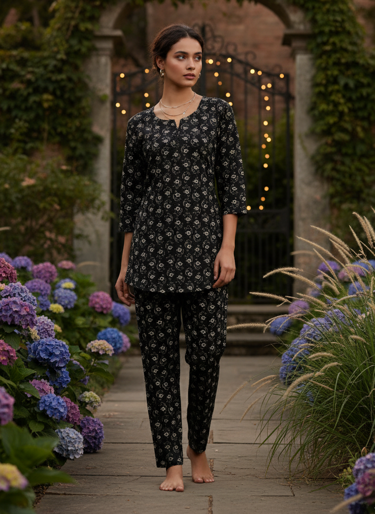 Midnight Black Floral Pure Cotton PJ Set for Women