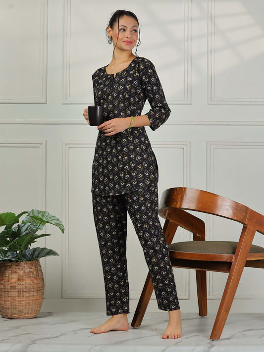 Midnight Black Floral Pure Cotton PJ Set for Women
