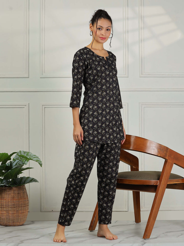 Midnight Black Floral Pure Cotton PJ Set for Women